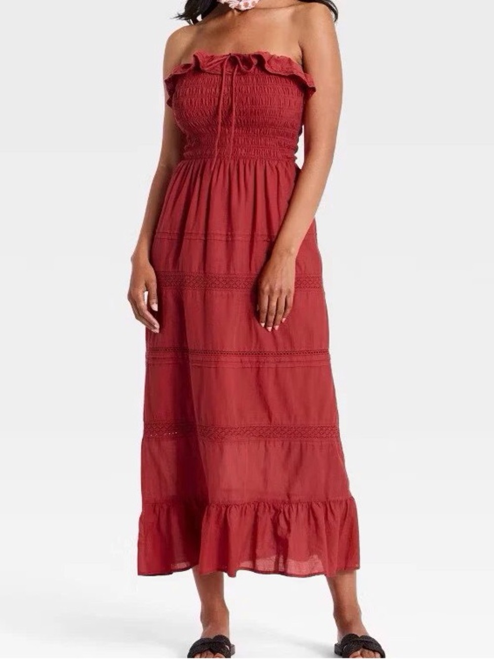 Smocked Strapless Maxi Dress in Brick Red